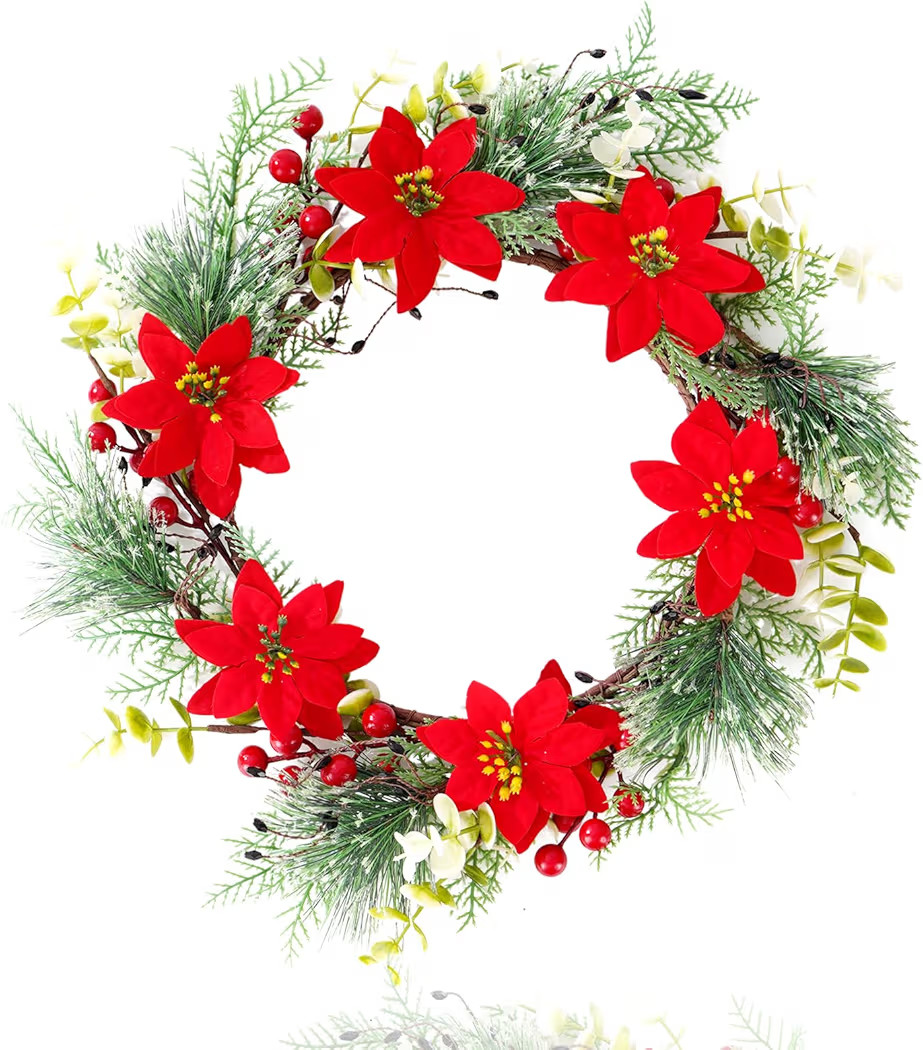 14 Inch Christmas Wreath Poinsettias Artificial Flowers Wreath for Front Door Home Wall Window Ch... | Amazon (US)