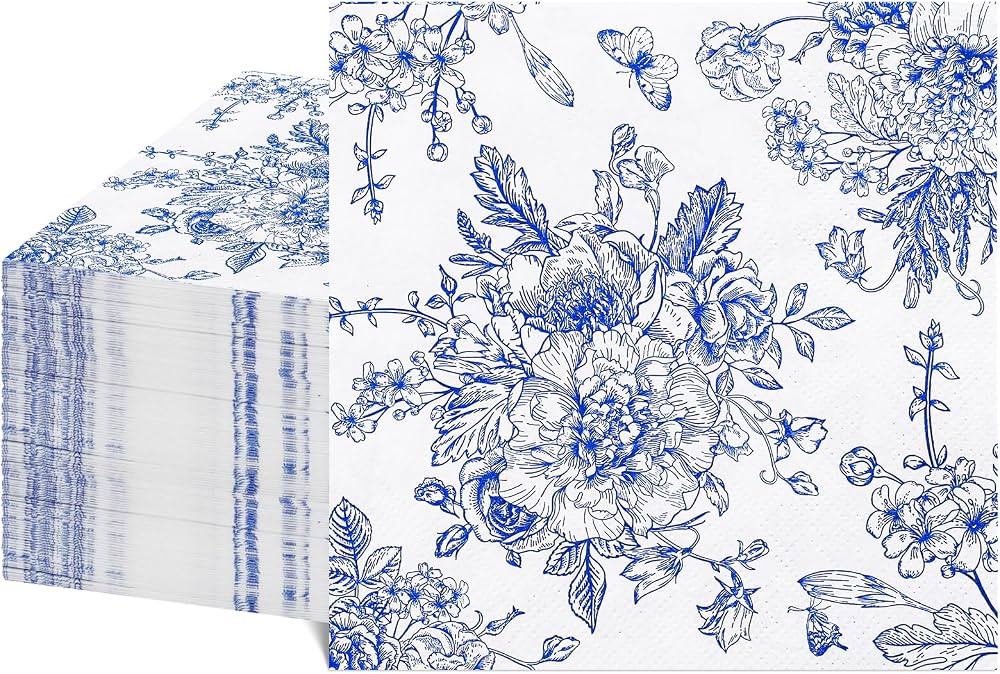 NatNarr 100 Pcs Blue Floral Napkins, Blue and White Toile Cocktail Napkins Vintage Flower Butterf... | Amazon (US)