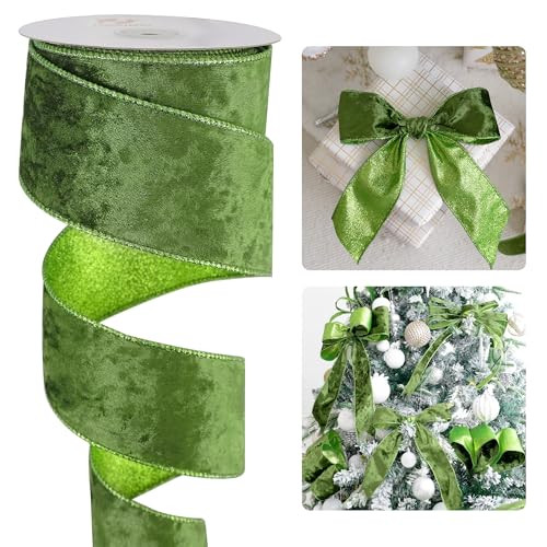 HUIHUANG Olive Green Velvet Wired Ribbon - 2.5 Inch x 10 Yards (30 Feet) - Christmas, Thanksgiving & More - Velvet with Lime Green Glitter Backing - Perfect for Gift Wrapping, Tree Decoration & Bows | Amazon (US)