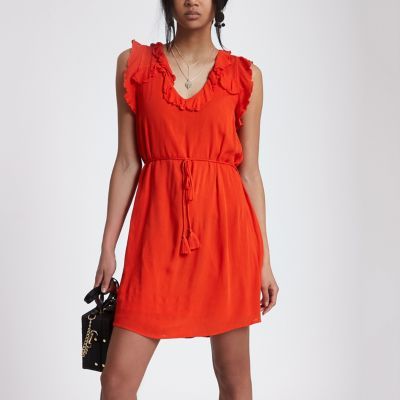 Red lace-up back frill mini swing dress | River Island (UK & IE)