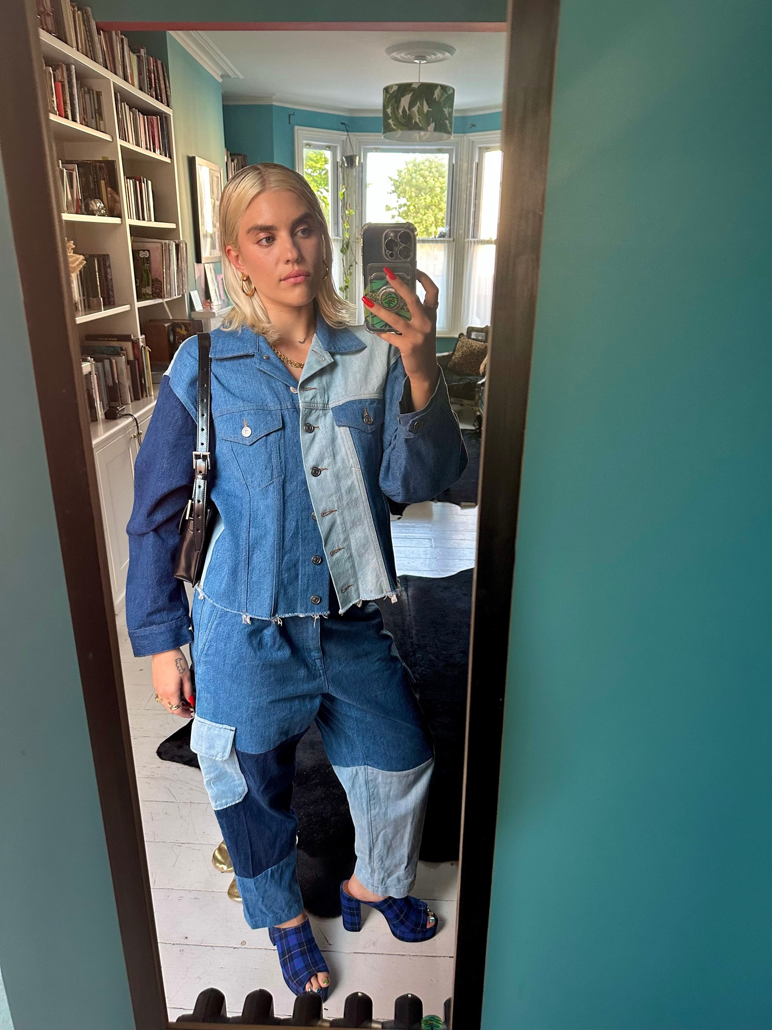 Patchwork denim, denim jacket, wide leg jeans, double denim outfit, oversized denim shirt, block heels, tartan heels, over shirt, Vivienne Westwood, Paris Texas heels, wolf and badger #LTKfit 

#LTKeurope #LTKSeasonal