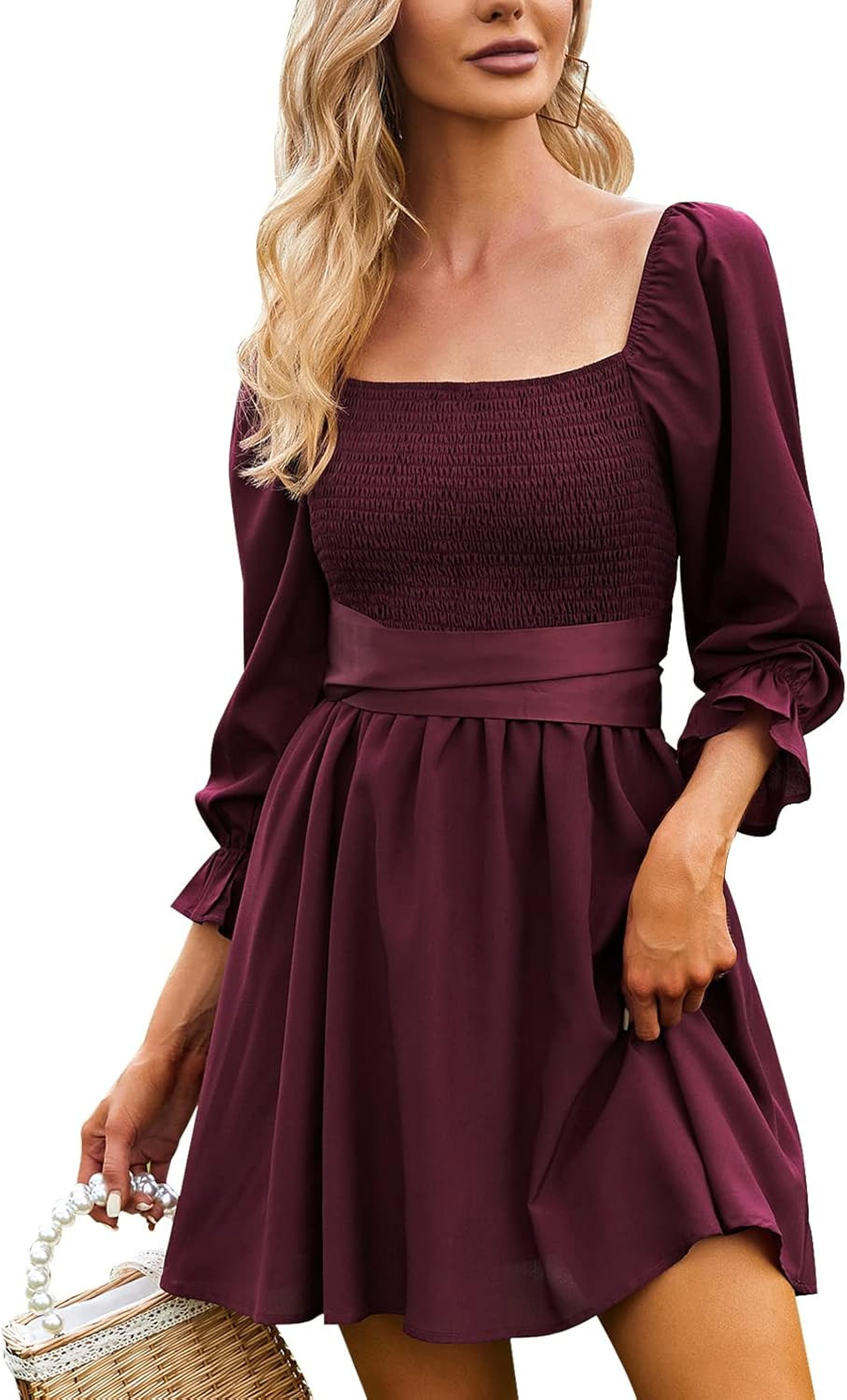 EXLURA Women's Swing Satin Tie Mini Dress Square Neck Long Lantern Sleeve Backless Wedding Guest ... | Amazon (US)