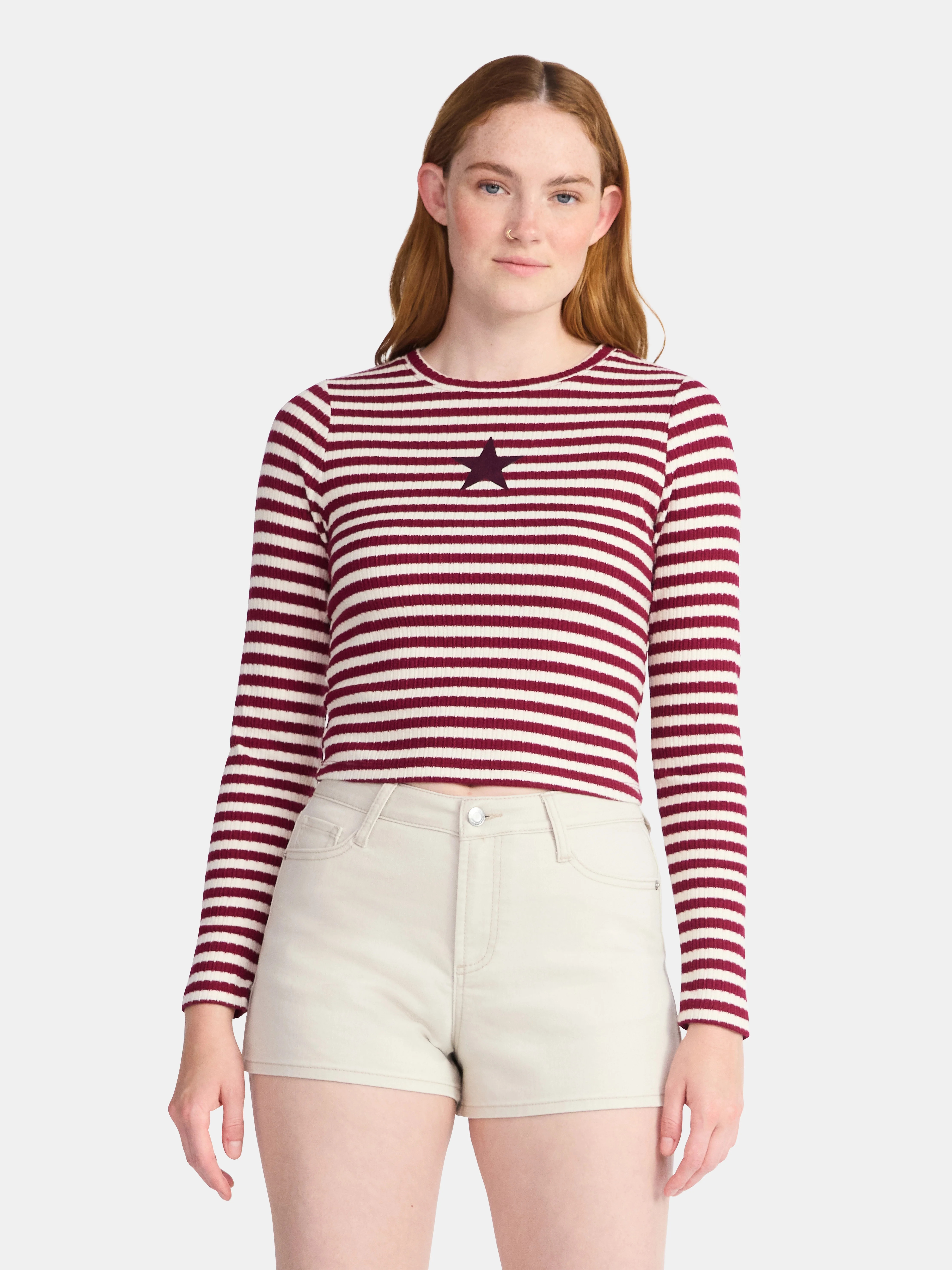 No Boundaries Graphic Striped Pointelle Long Sleeve Top, Womens | Walmart (US)