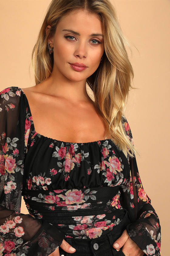 Bloom into Autumn Black Floral Print Ruched Mesh Bodysuit | Lulus (US)