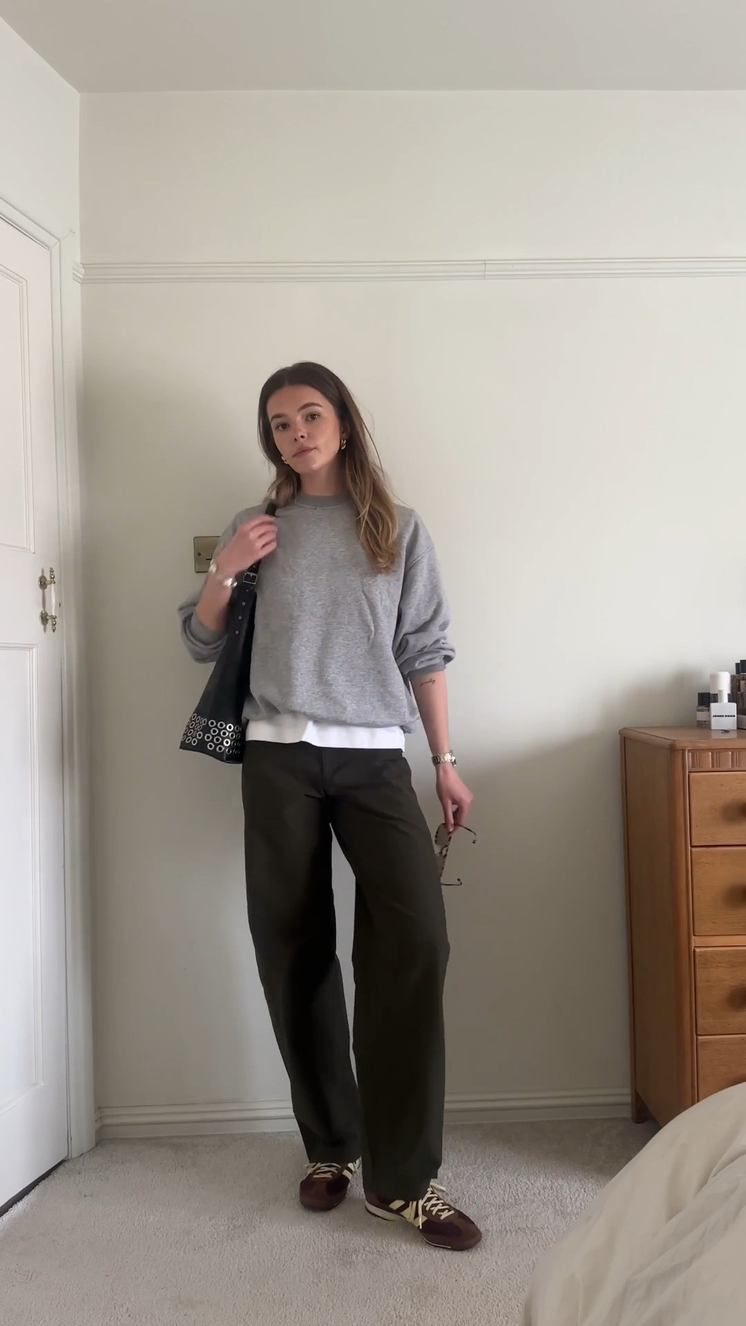 Casual outfit, barrel trousers, Uniqlo trousers, green trousers, grey sweatshirt, adidas sl72, spring outfit, black bag, M&S, Charles & Keith, Cotton On 

#LTKeurope #LTKspring #LTKuk