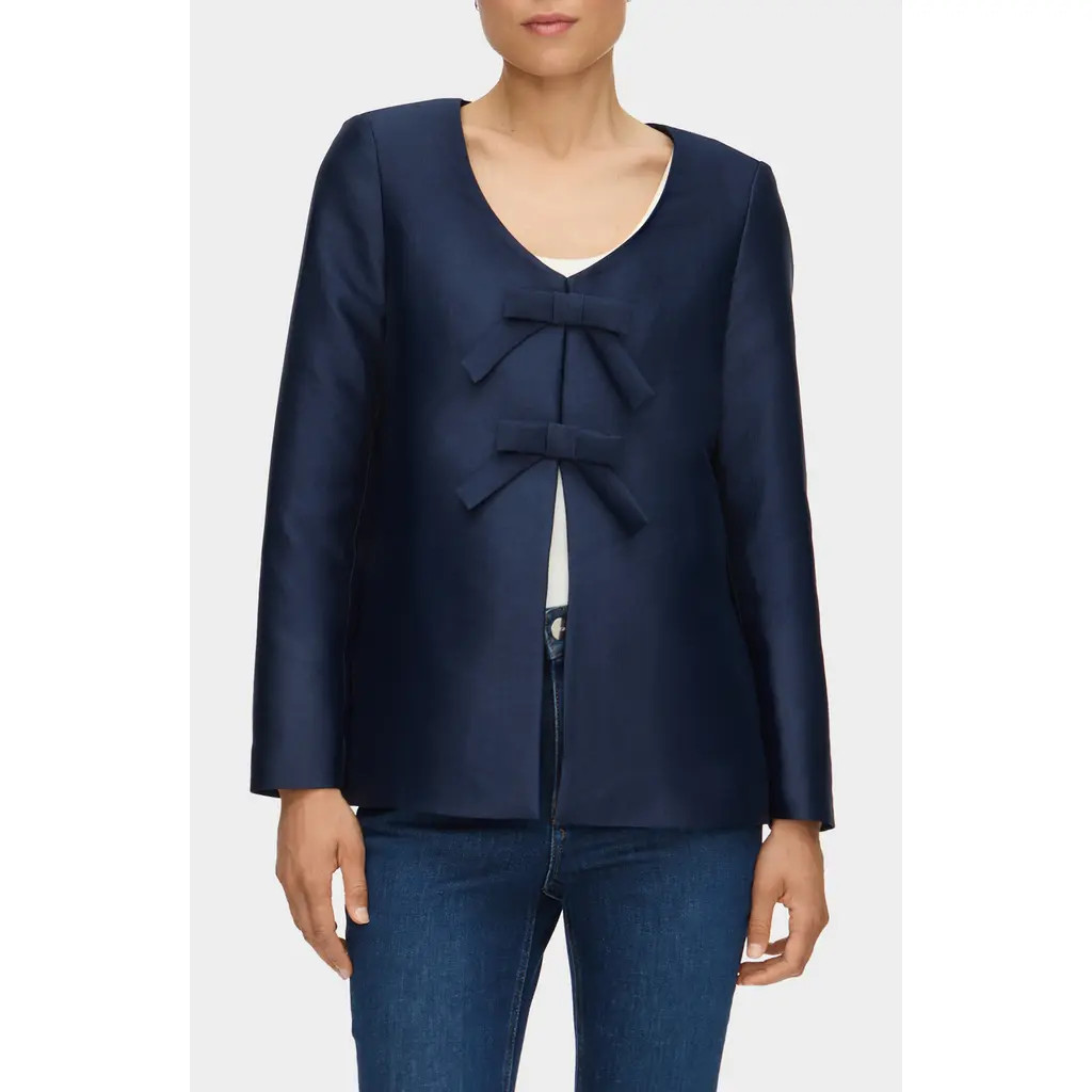 ALIGNE Beau Bow Jacquard Satin Blazer in Navy at Nordstrom, Size 0 | Nordstrom