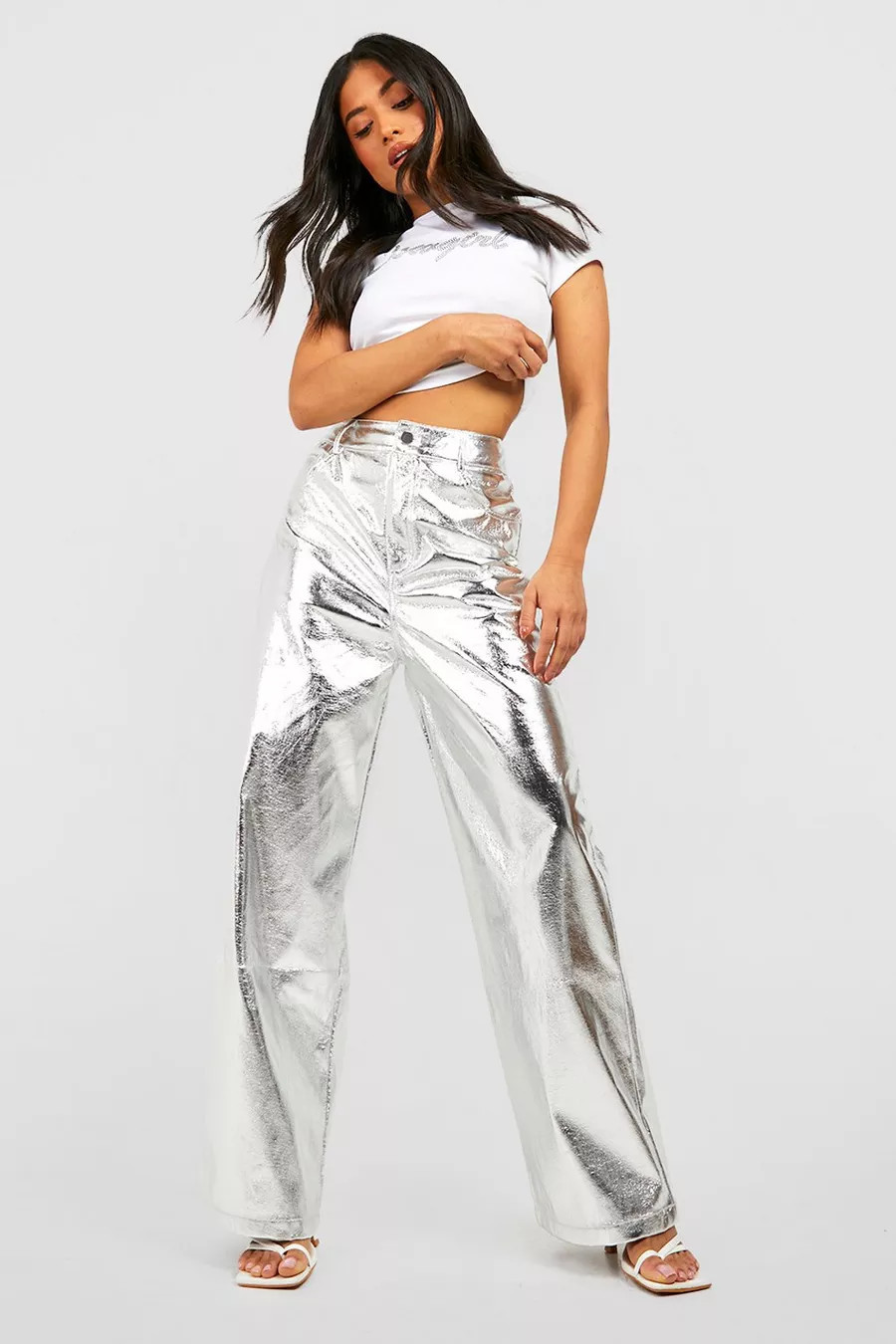 Petite Metallic Straight Leg Pants | boohoo (US & Canada)