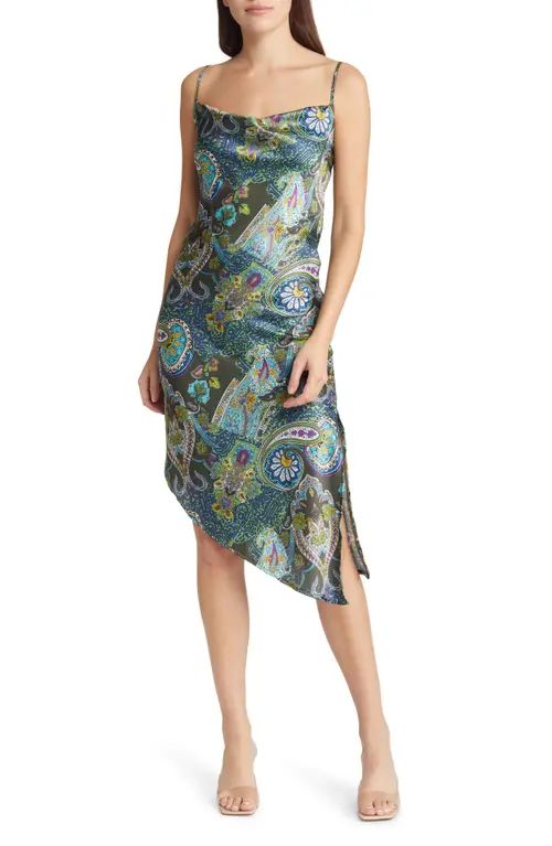 Area Stars Paisley Asymmetric Satin Slipdress in Green at Nordstrom, Size Large | Nordstrom