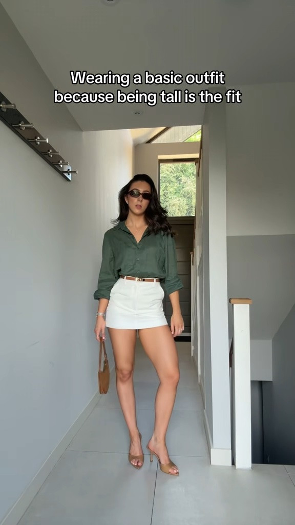Summer date night OOTD 🤍 skort is old Zara but I’ve linked a similar one below! Summer outfit ideas, green linen shirt, white skort, brown sandals, Mango