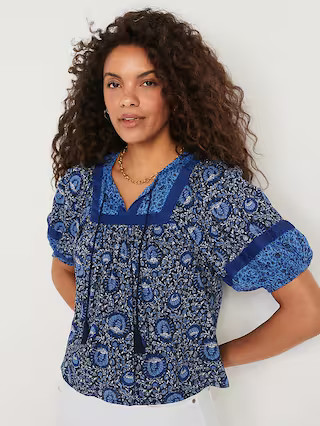 Elbow-Length Split-Neck Floral-Print Poet Swing Blouse for Women | Old Navy (US)