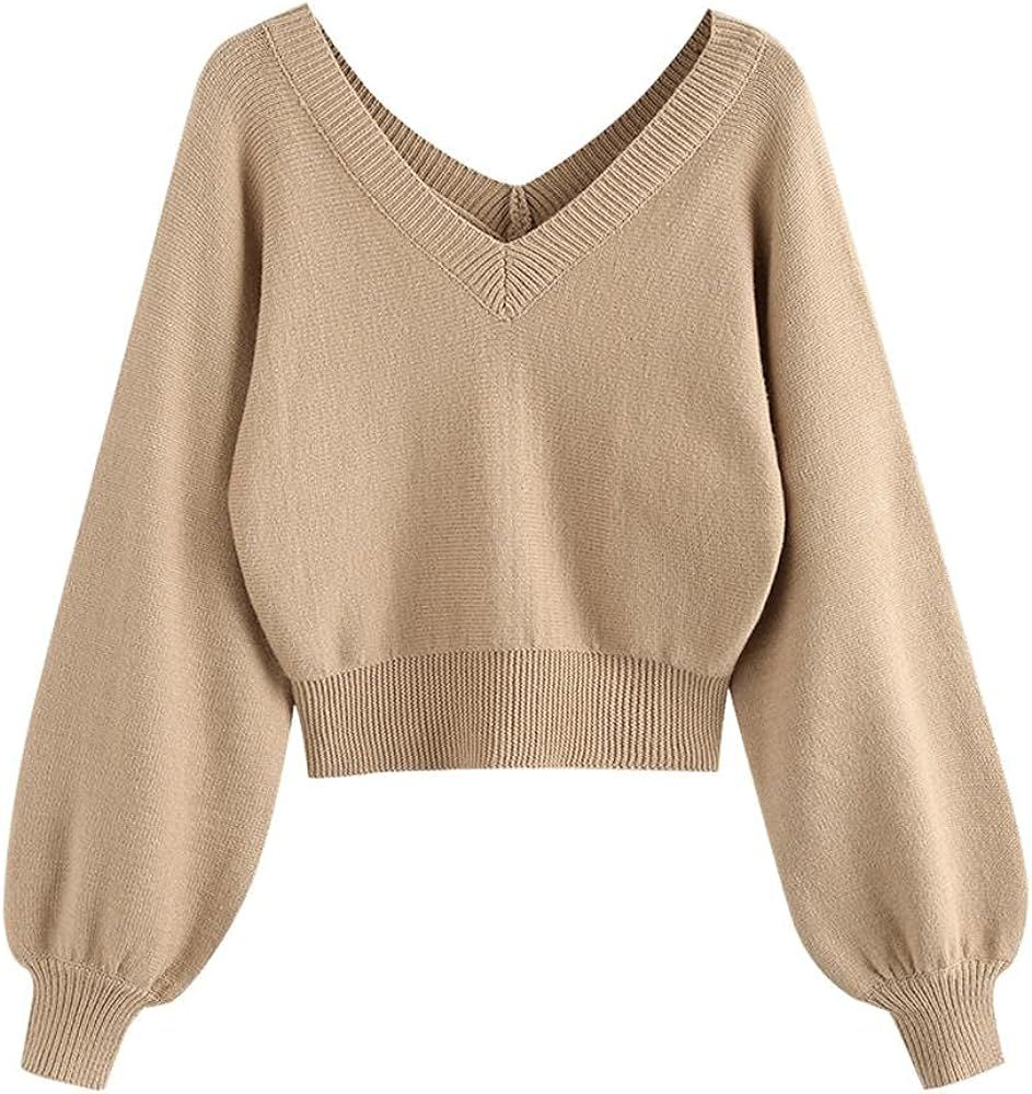 Amazon.com: ZAFUL Chunky Cable Knit Crop Pullover Sweater Raglan Sleeve Double V Neck Short Sweat... | Amazon (US)