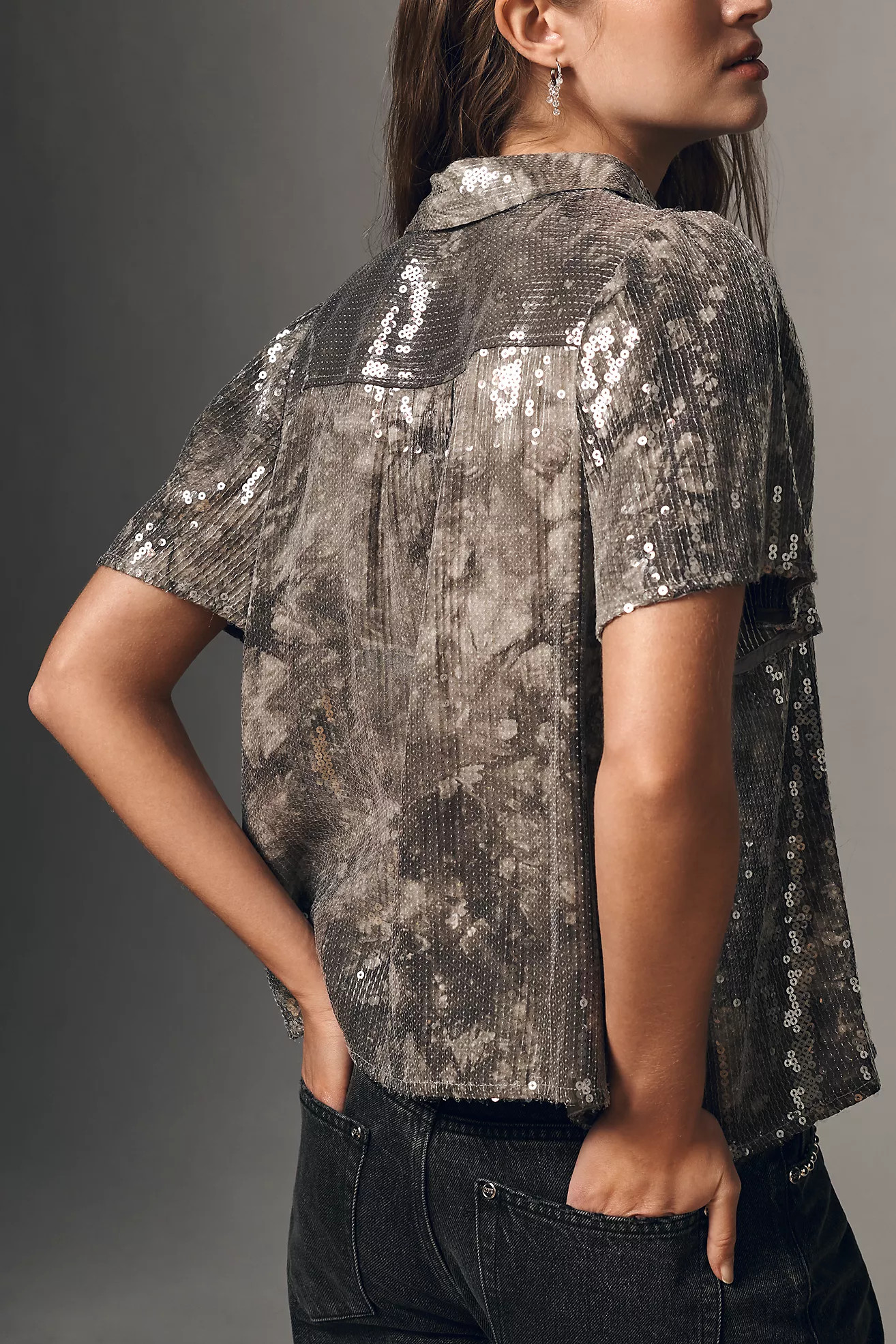 Pilcro Short-Sleeve Sequin Buttondown Blouse | Anthropologie (US)