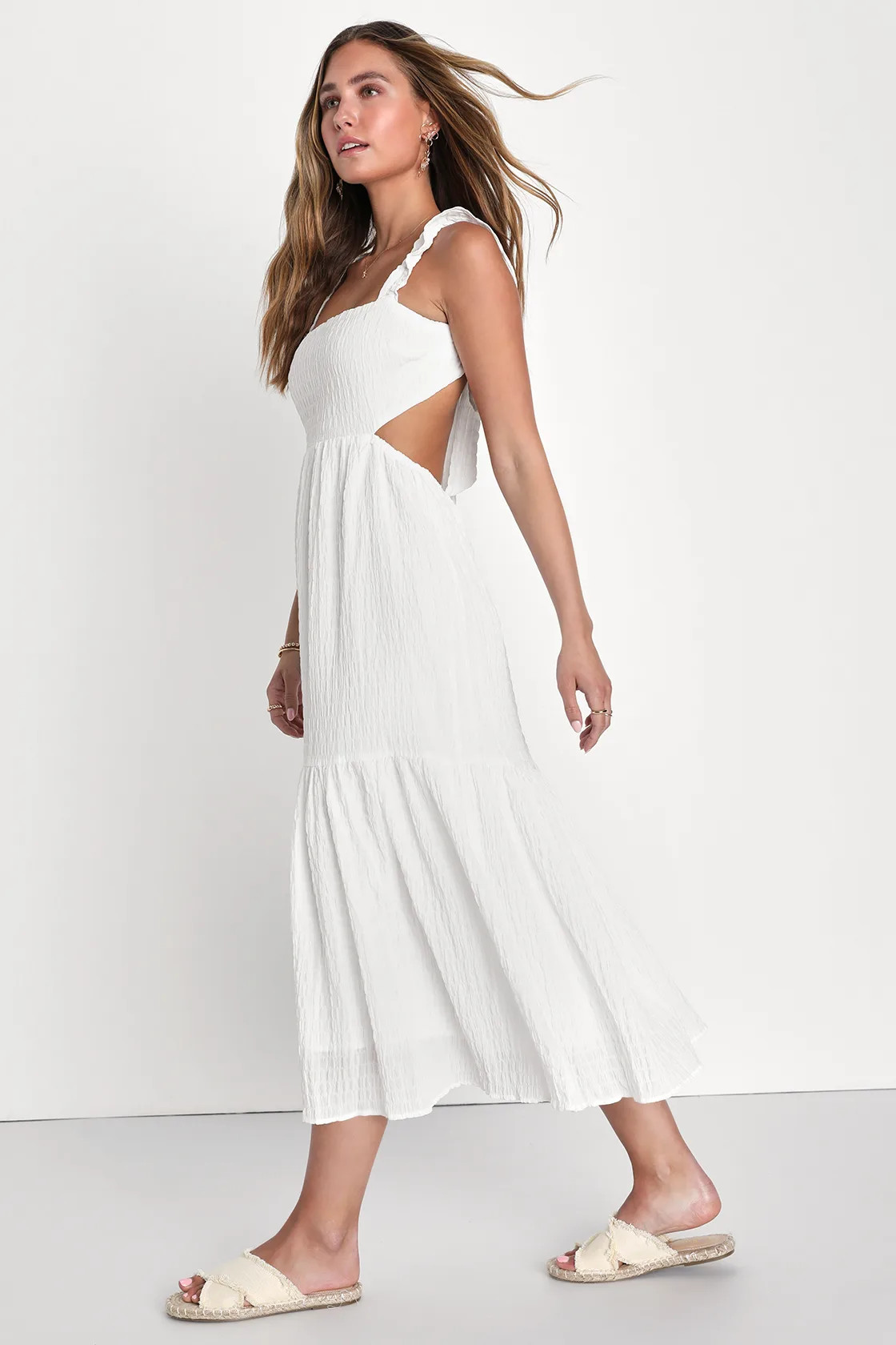 Dreamiest Darling White Smocked Tie-Back Tiered Midi Dress | Lulus (US)