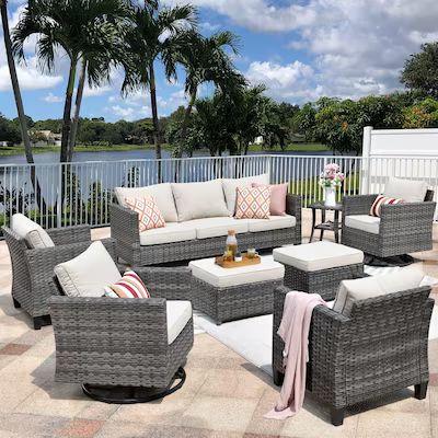 Pouuin 8-Piece Rattan Patio Conversation Set with Off-white Olefin Cushions | Lowe's