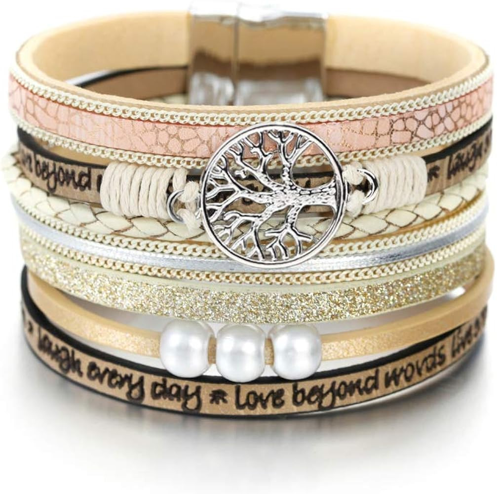 Fesciory Leopard Bracelet for Women, Boho Leather Wrap Multi-Layer Pearl Crystal Bracelet Bangle ... | Amazon (US)