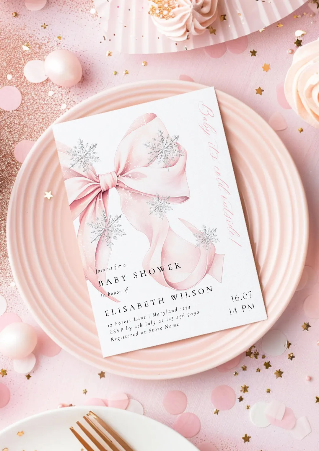 Pink Bow Baby It's Cold Outside Baby Shower Invitation Template Christmas Holiday Snowflake Snowf... | Etsy (US)