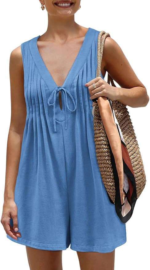 Yousify Womens Summer Casual Sleeveless Romper Tie Front Pleated Shorts Overalls Jumpsuit with Po... | Amazon (US)