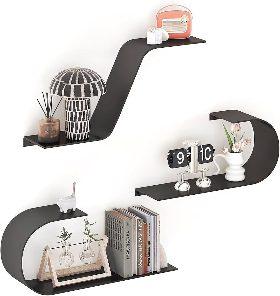 Black Floating Shelves Set of 3, Black Metal Decor, Unique Mounted Floating Shelf, Modern Long Wa... | Amazon (US)