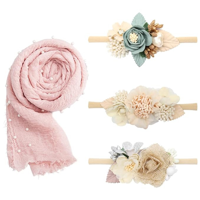 4 PCS Baby Props Photography Wrap Kit, 90X170cm Newborn Long Ripple Wrap with Flower Girl Headban... | Amazon (US)