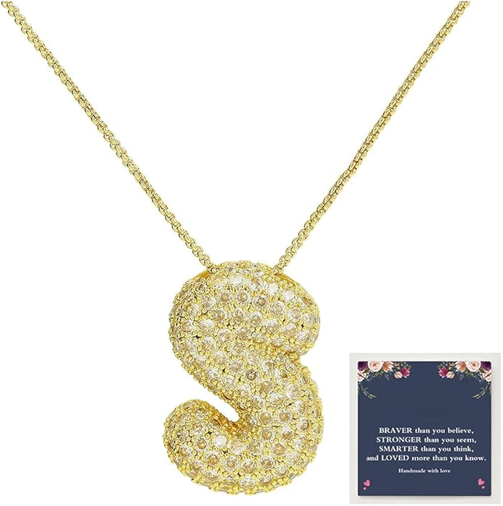 Bubble Letter Necklace Gold for Women，Charm Balloon Initial Letter Pendant Zirconia Inlaid Neck... | Amazon (US)
