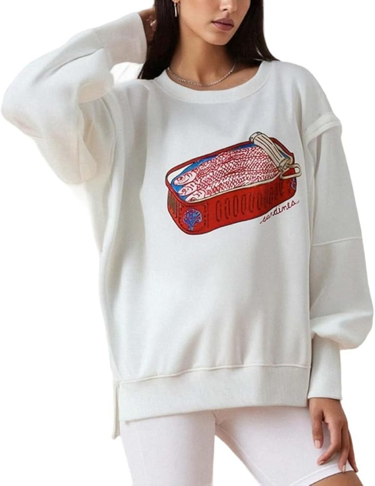 Amiblvowa Vintage Graphic Oversized Crewneck Sweatshirt for Women Floral Lobster Sardine Print Sw... | Amazon (US)