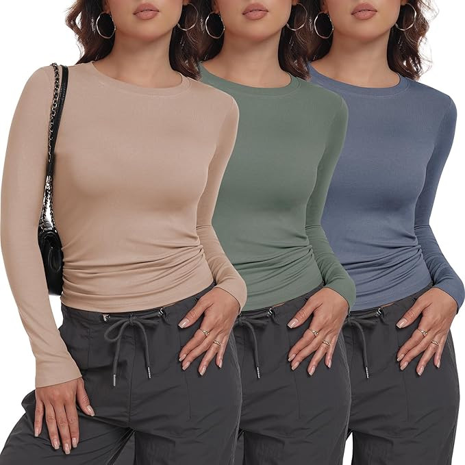 3 Pack Womens Long Sleeve Shirts Crew Neck Basic Stretchy Fitted Y2K Tops Going Out Fashion Cloth... | Amazon (US)