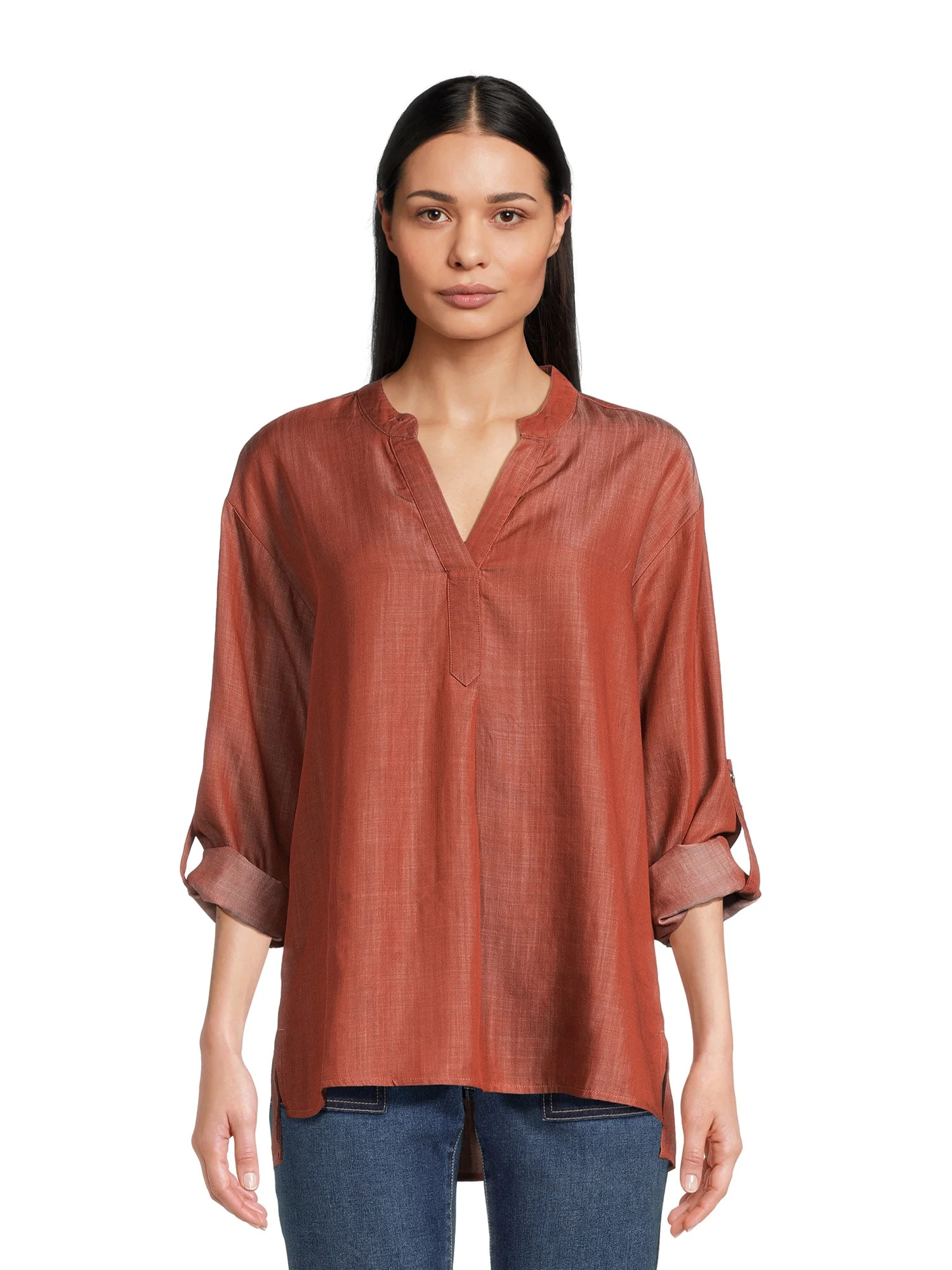 Time and Tru Women's Split Neck Popover High-Low Tunic Top with Rolled Cuff Sleeves | Walmart (US)