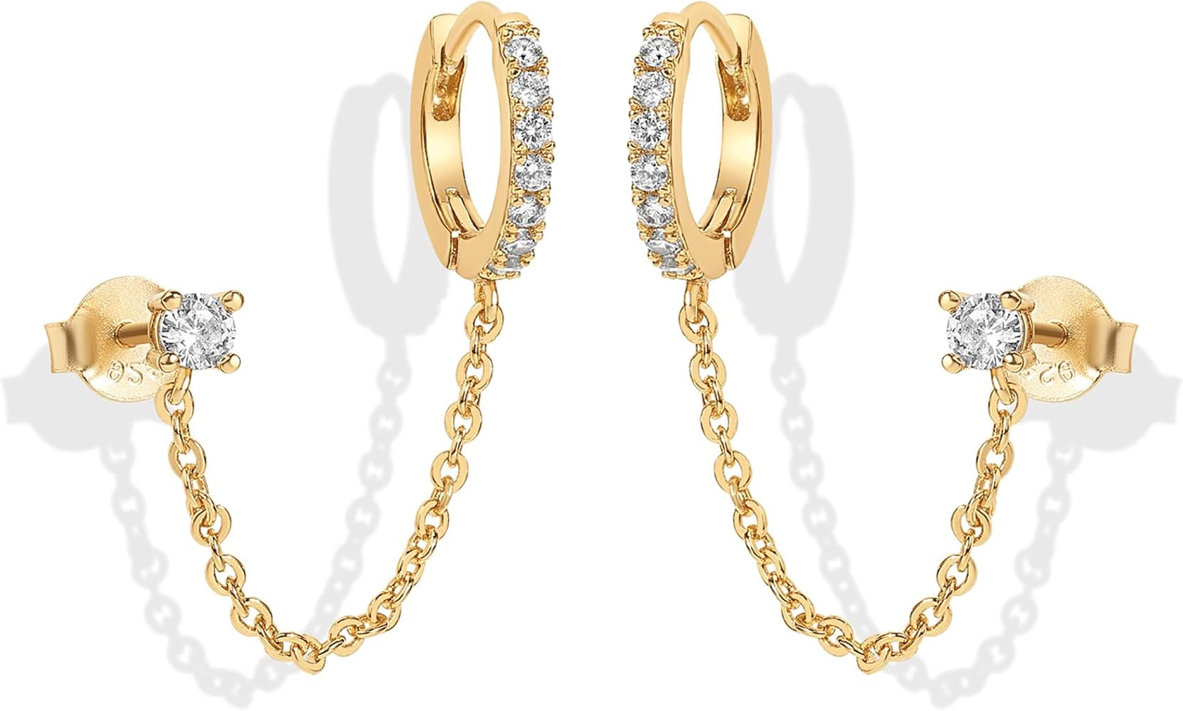 PAVOI 14K Gold Chain Earrings for Women | Double Piercing Dangle Chain Huggie Hoop Earrings | Cub... | Amazon (US)