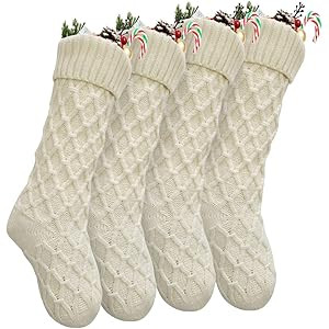 Vanteriam Pack 4 Christmas Stockings, 18'' Unique Ivory White Knit Christmas Stockings for Xmas D... | Amazon (US)