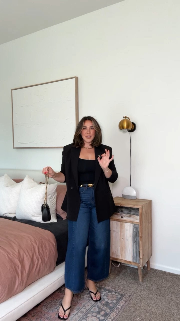 Styling the AE dreamy drape barrel jeans in the darker wash color! They are so comfy and stretchy. How cute is this for a business casual/work outfit or date night fit! A good black blazer is essential for fall wardrobe. 

Fall outfits, fall fashion, fall work outfits, business casual

#LTKMidsize #LTKSeasonal #LTKWorkwear