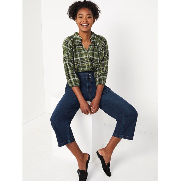 Time and Tru Women's Button Down Top with Puff Sleeves - Walmart.com | Walmart (US)