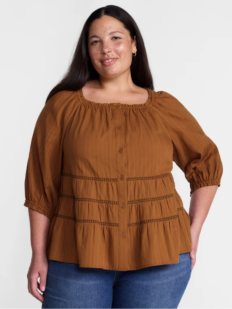 Terra & Sky Women's Plus Button Front Swing Top with Elbow Length Sleeves, Sizes 0X-5X | Walmart (US)