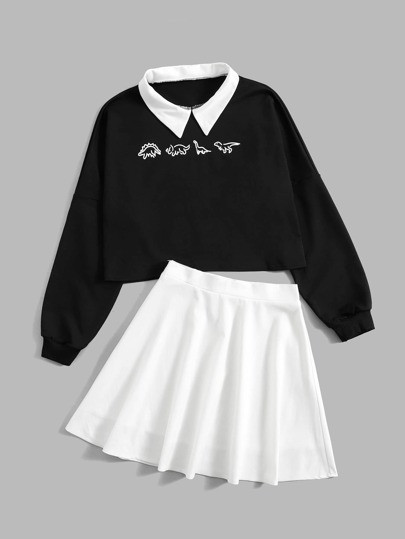 Cartoon Dinosaur Graphic Contrast Collar Sweatshirt & Flared Skirt | ROMWE