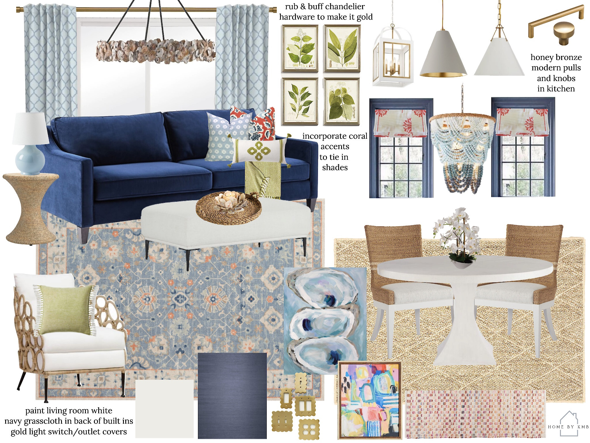 Vibrant coastal open concept living room, dining room, kitchen design board 

#LTKhome