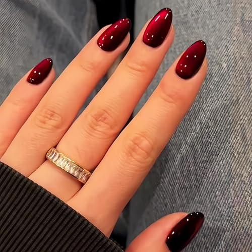 KQueenest Dark Red Cat Eye Press on Nails Short Oval, 30 Pcs Glitter Burgundy Fake Nails Short, Thick Shiny Sparkle Nails Press on, Cute Bling Acrylic Stick on Nails for Women Small Hand | Amazon (US)