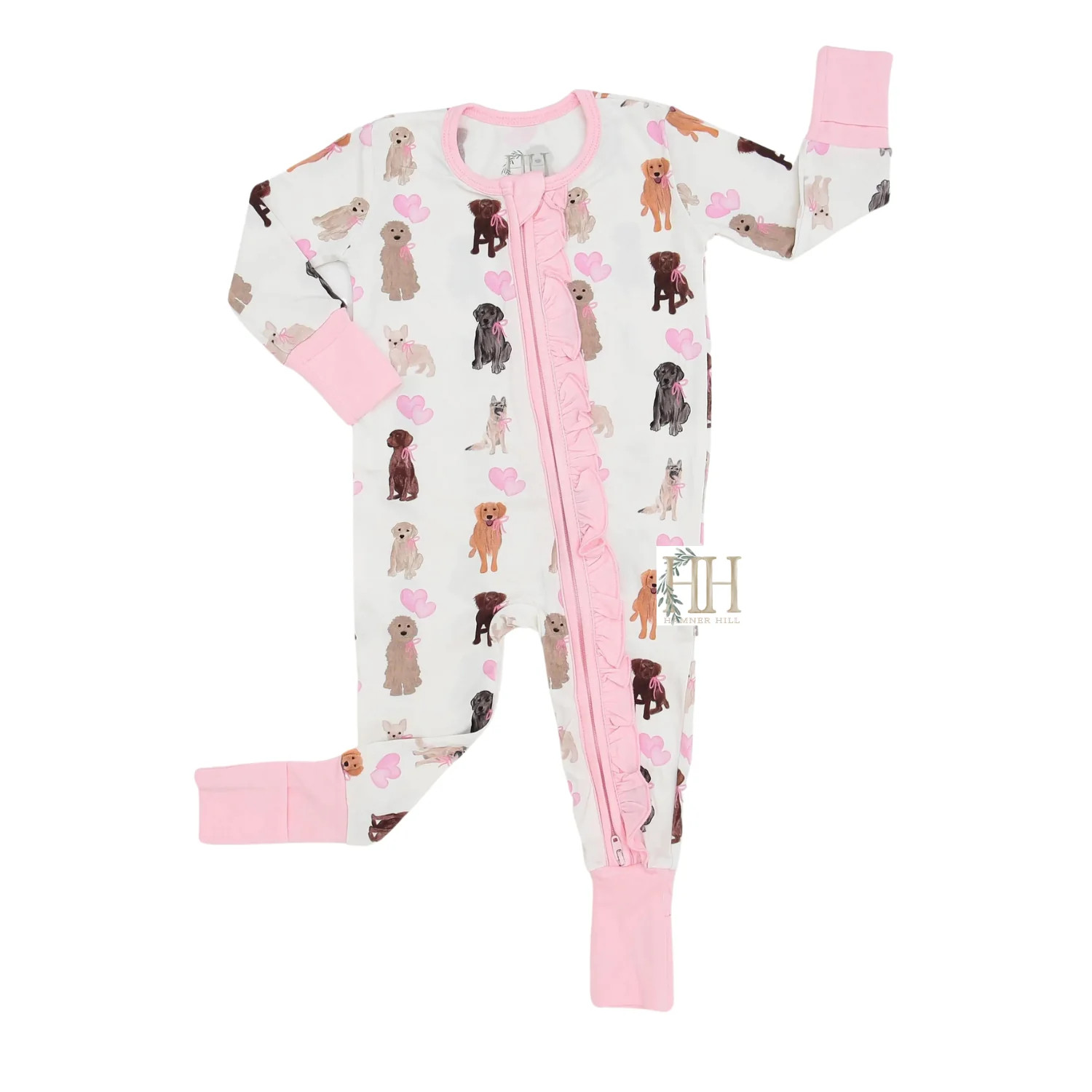 Valentine Pink Puppy Party Double Zipper Romper | Hamner Hill