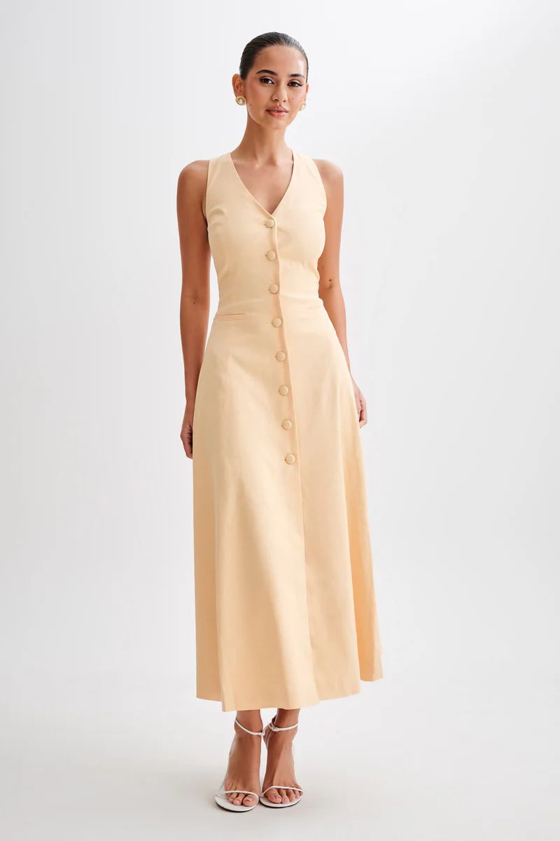 Theodora Cotton Buttoned Midi Dress - Peach | MESHKI US