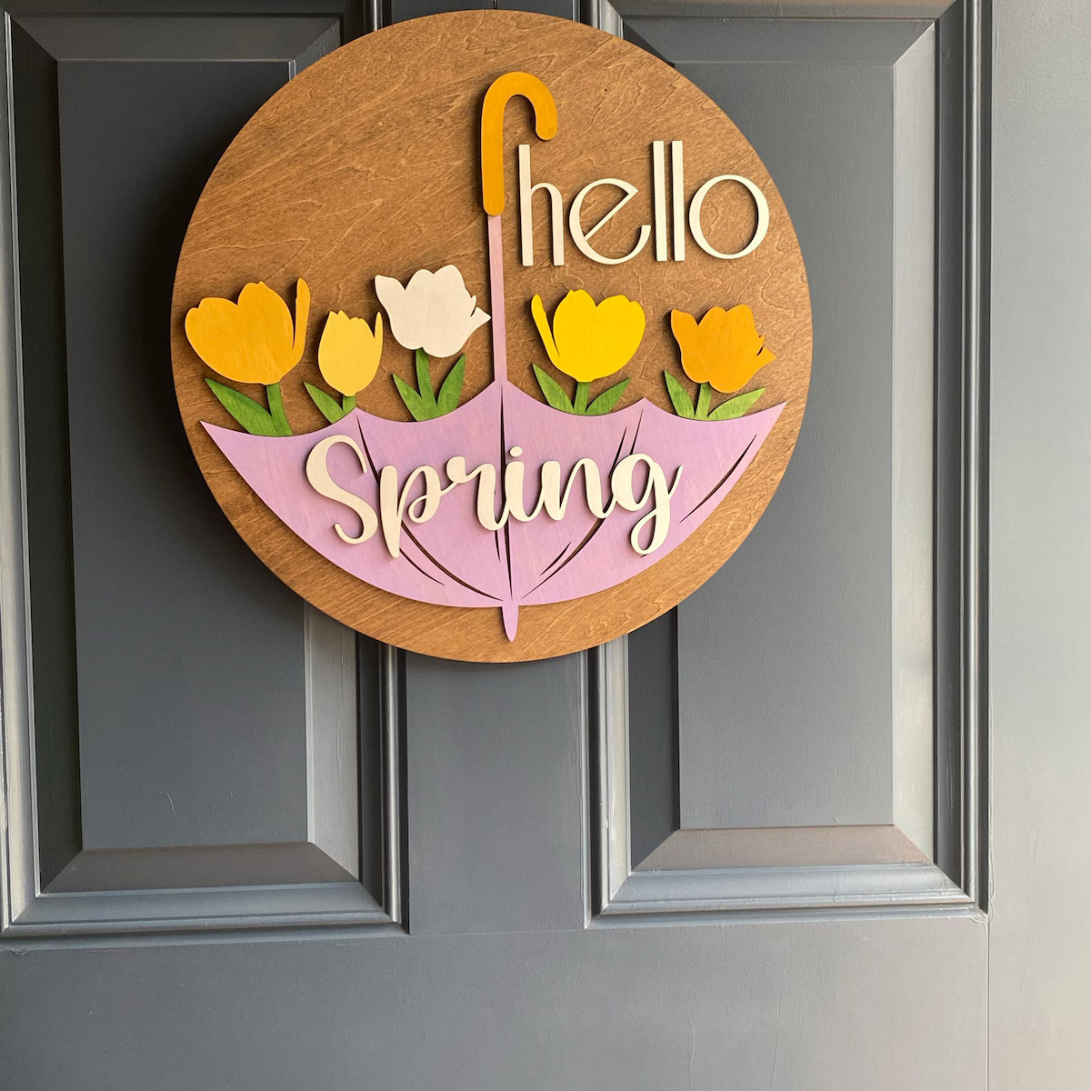 Hello Spring Door Hanger Sign With a Purple Umbrella Holding Spring Flowers - Etsy | Etsy (US)