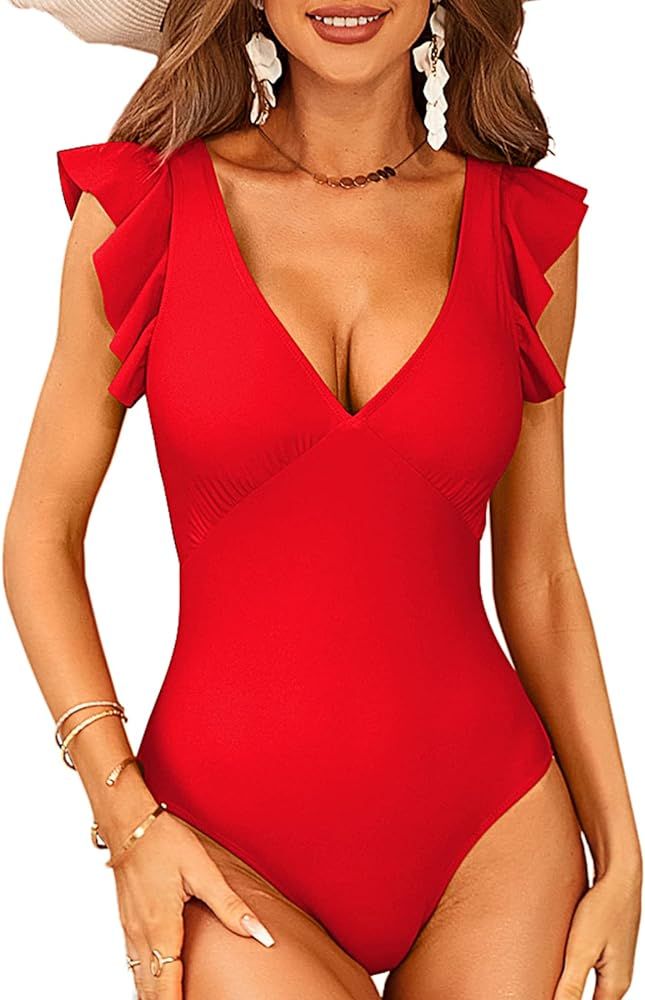 SOCIALA Ruffle One Piece Swimsuits for Women V Neck Ruched Tummy Control Bathing Suits High Cut M... | Amazon (US)