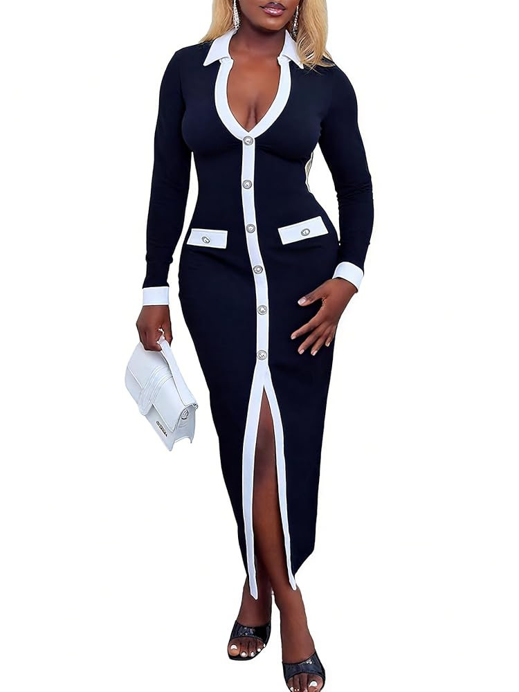 CHICME Women’s Long Sleeve Bodycon Maxi Dress 2025 Pearls Button Decor Contrast Paneled Slit Fr... | Amazon (US)