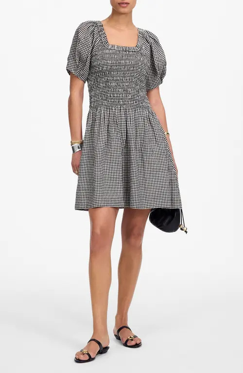 Madewell Gingham Smocked Linen Blend Mini Sundress in Black White Gingham at Nordstrom, Size X-Large | Nordstrom