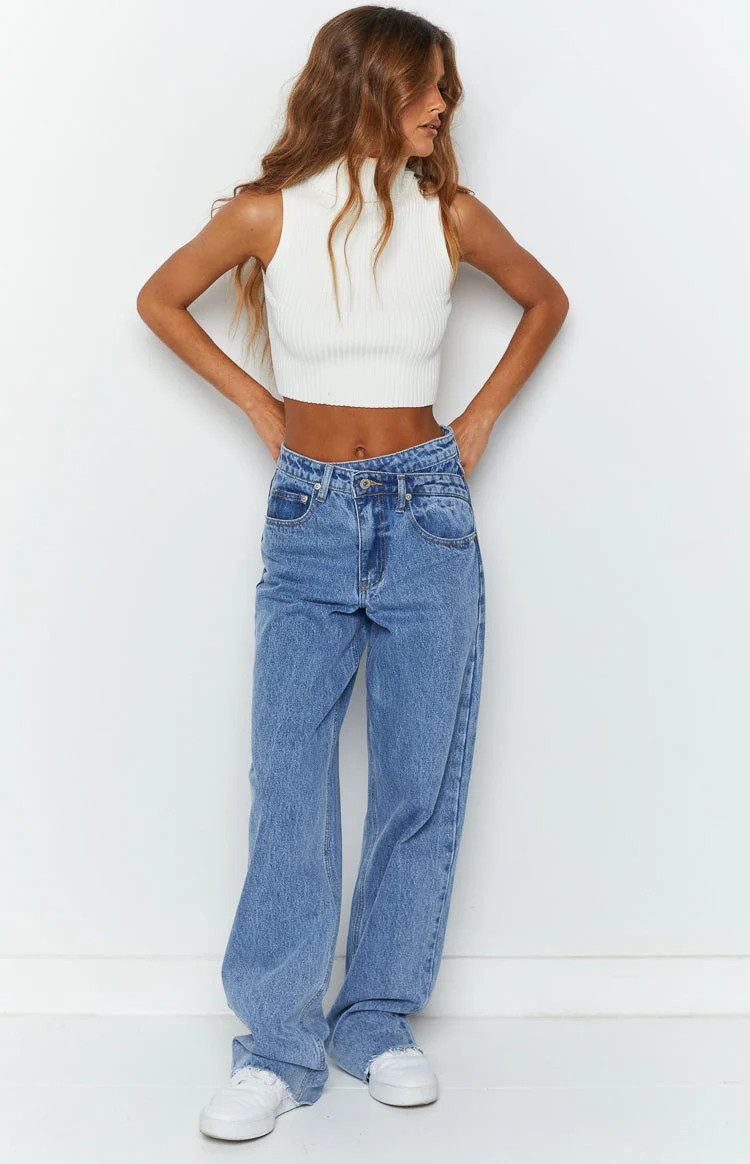 Kansis Blue Uneven Waist Jeans | Beginning Boutique (US)