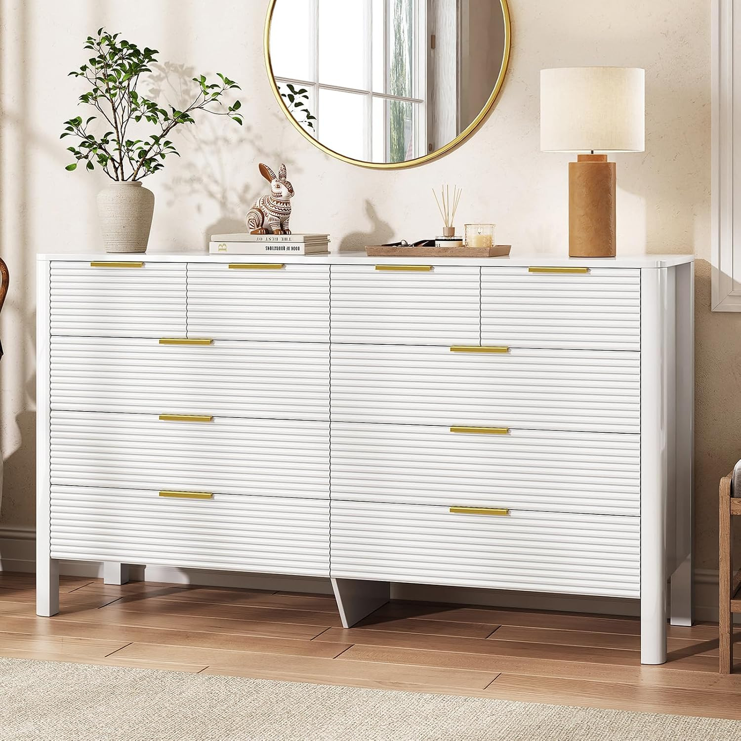 Fluted 10 Drawer Dresser, 55" Wide High Gloss Dresser for Bedroom | Amazon (US)
