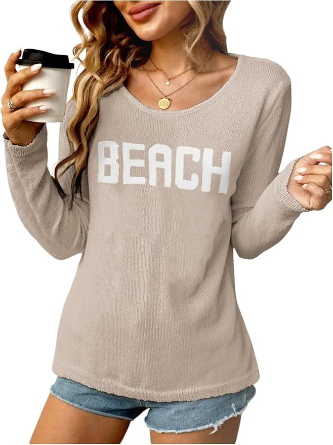 COZYEASE Women's Beach Cover Up Letter Print Long Sleeve Sweater Crew Neck Split Hem Crochet Jump... | Amazon (US)