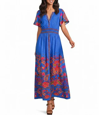 Sugarlips Tropical Border Print Palmer Linen Blend V-Neck Short Sleeve Smocked Waist Maxi Dress |... | Dillard's