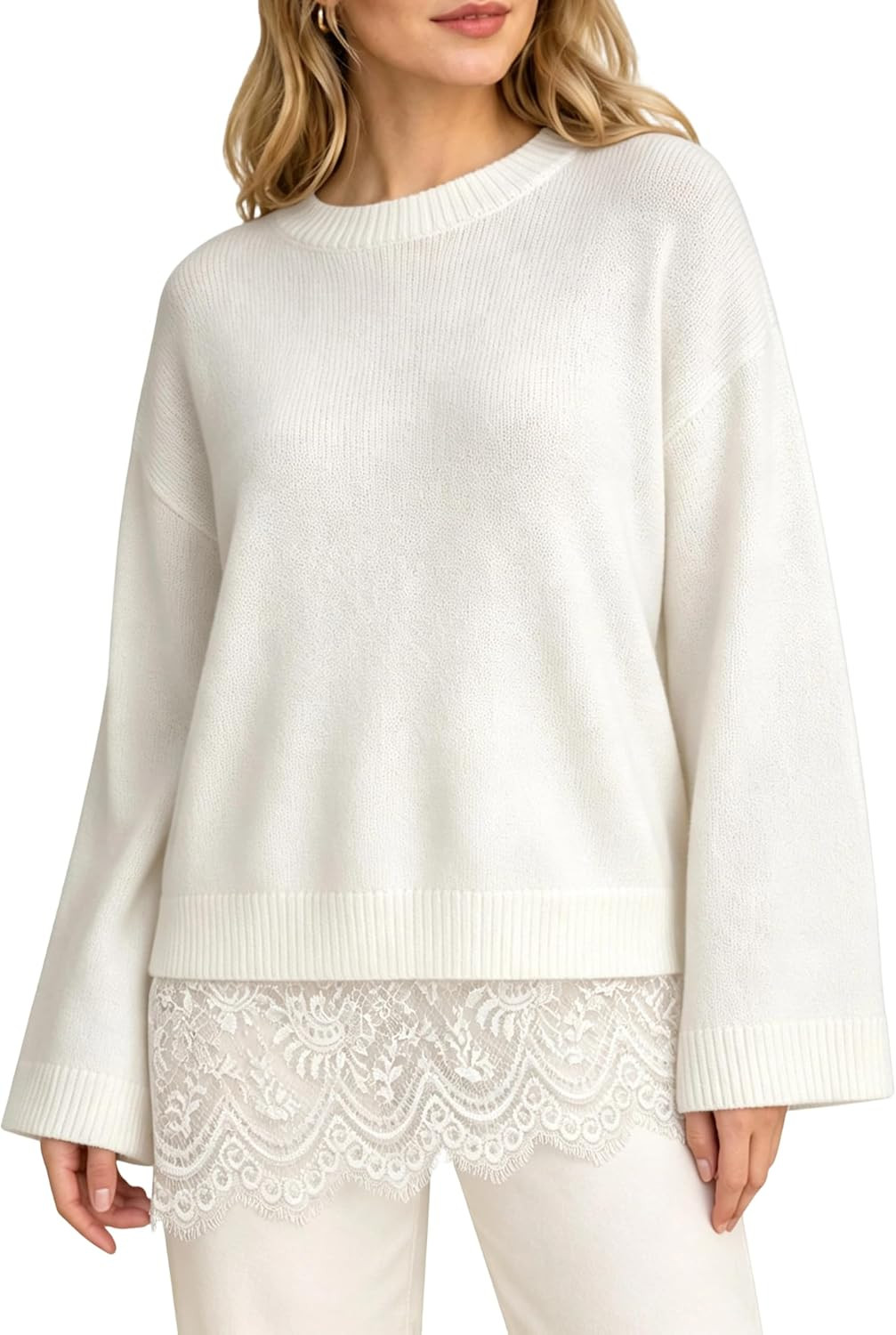 Women Lace Hem Knit Sweater Oversized Crew Neck Pullover | Amazon (US)