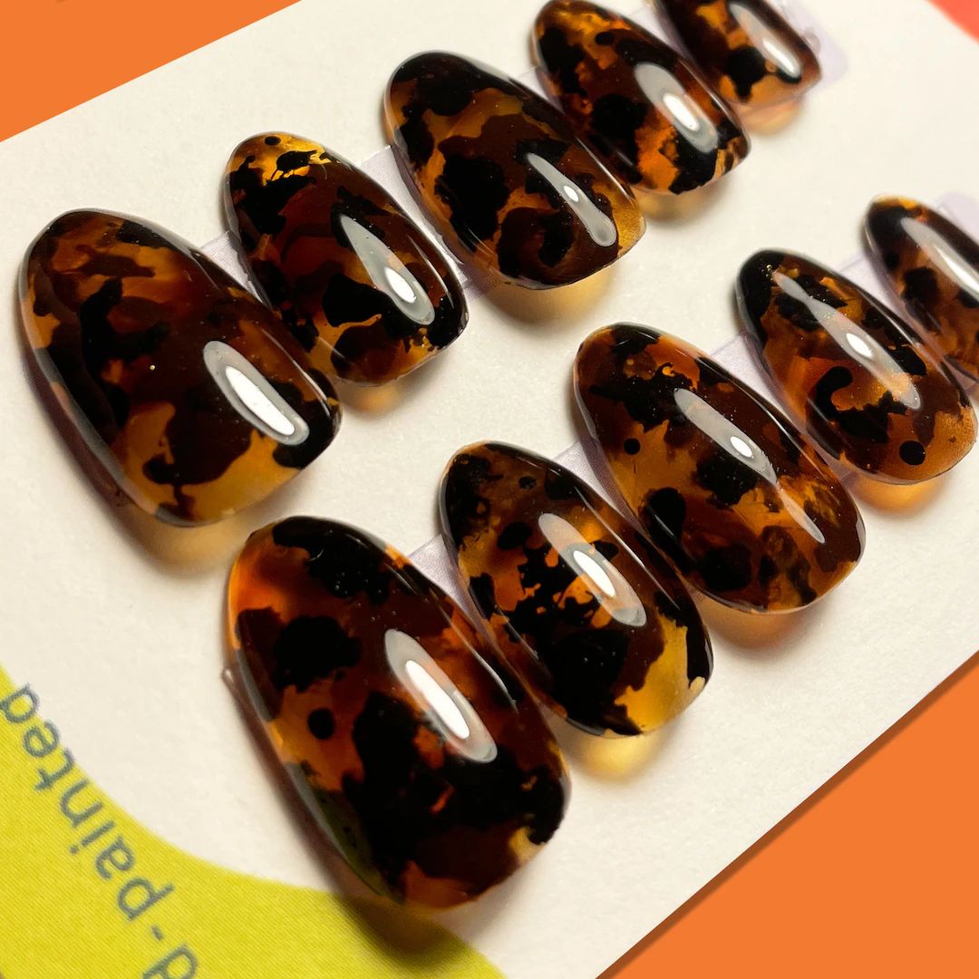 READY TO SHIP 18pc Tortoise Shell Design Press on Fake Nails Set Hand Painted Manicure Gel Full S... | Etsy (US)