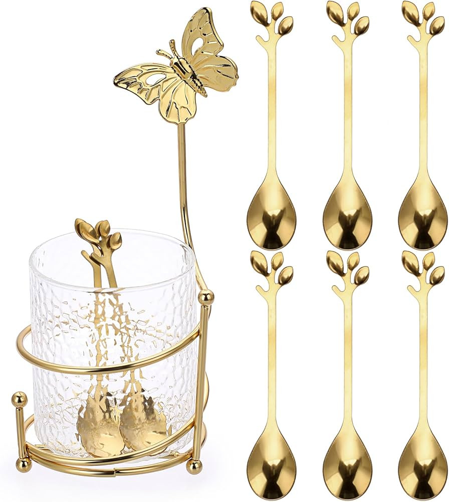 ELLDOO Coffee Spoon Set, Clear Glass Holder with 8 Stainless Steel Gold Leaf Coffee Spoons, Creat... | Amazon (US)