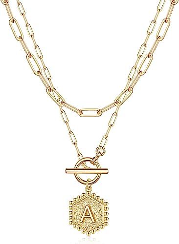 Layered Gold Initial Necklaces for Women, 14K Gold Plated Paperclip Link Chain Necklace Hexagon L... | Amazon (US)