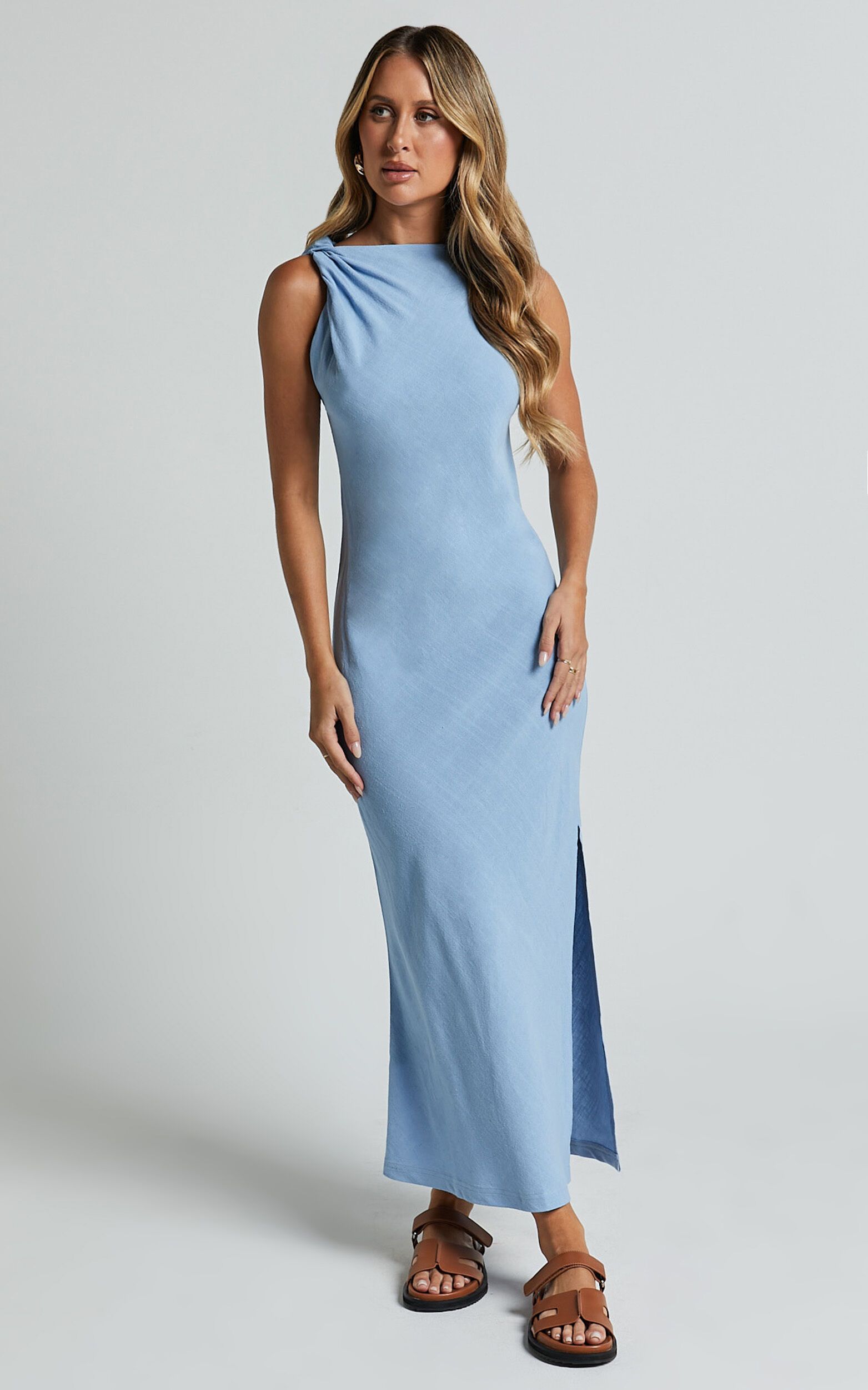 Jessenia Maxi Dress - Linen Look High Neck Dress in Blue | Showpo (ANZ)